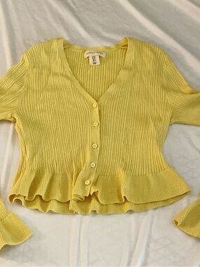 Happily Grey Yellow Ribbed Ruffle Hem Cardigan with Flower Buttons